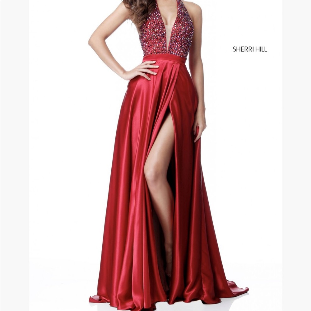 Sherri Hill red satin slit dress